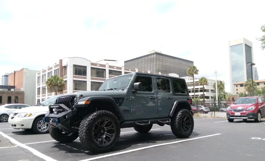 A lifted Jeep Wrangler, detailed